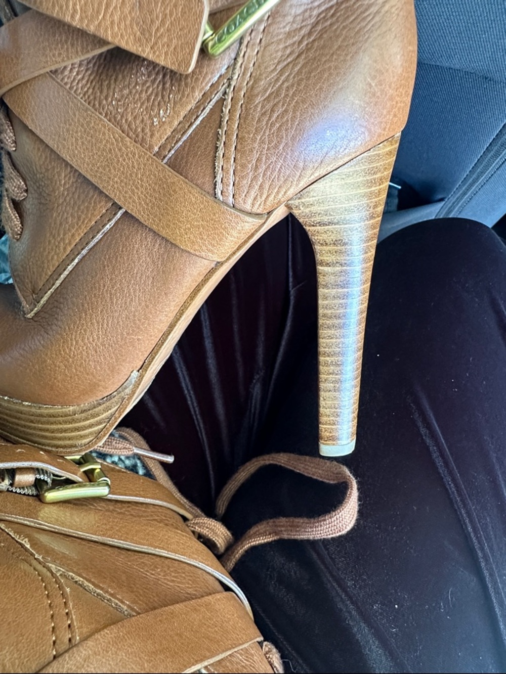 Coach Women’s Tan Leather Lace-Up High-Heel Ankle Boots with Buckle - Picture 4 of 8